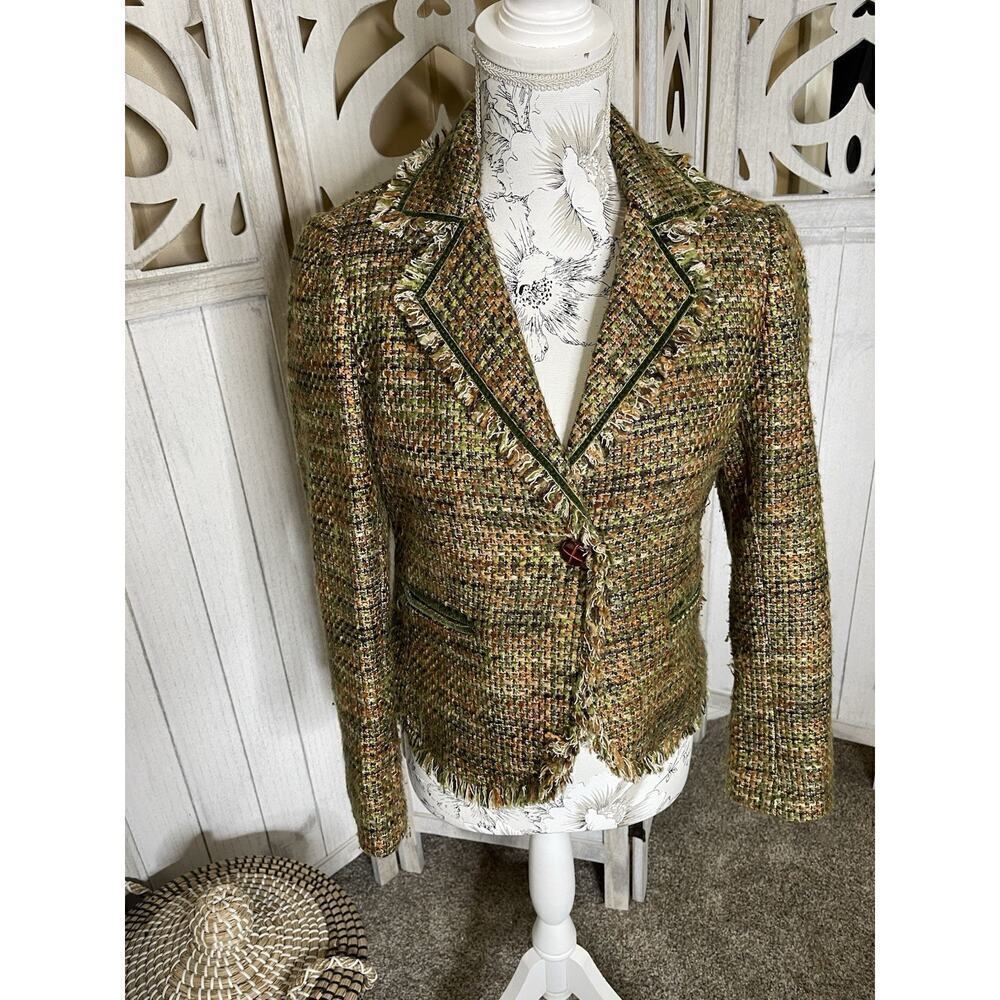 Liz Claiborne Green Brown Tweed Blazer One Button Career Size 6P Petite